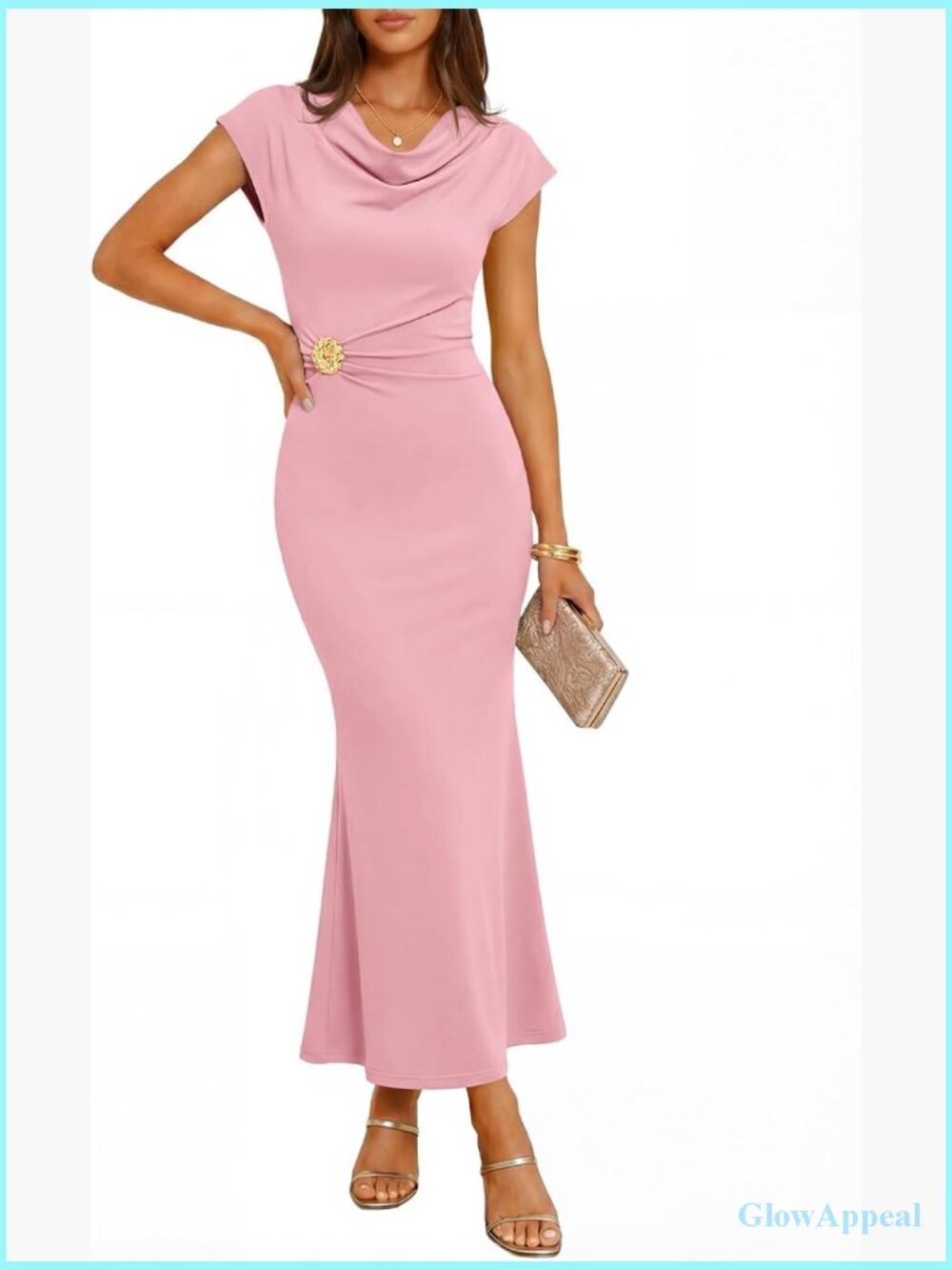 Cowl Neck Bodycon Maxi Dress Cap Sleeves Ruched Wedding Guest